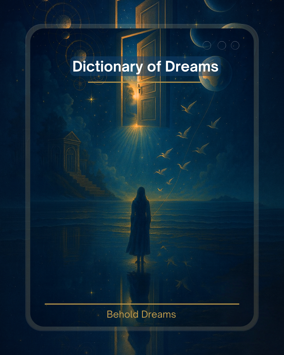 Book cover of 'Dictionary of Dreams by Behold Dreams' with a silhouette of a person facing an open door in a mystical setting. Download now