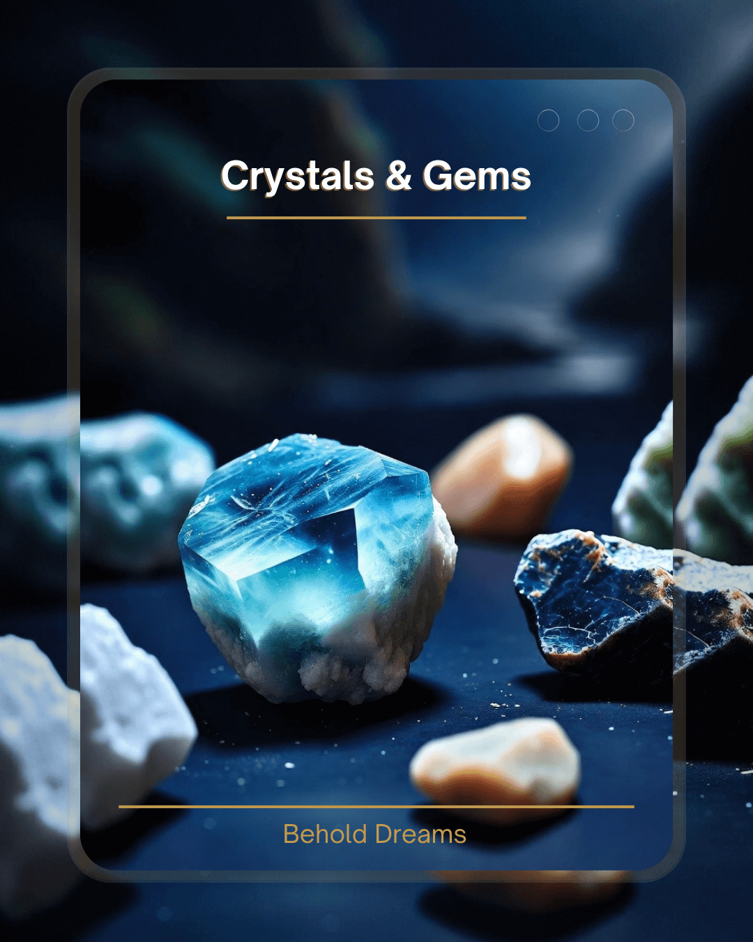 Collection of crystals and gems with a blue crystal in focus, set against a dark background. A guide to understanding the powers of crystals and gems and their relation with the dreams by Behold Dreams | Dobri Ase dream interpreter.