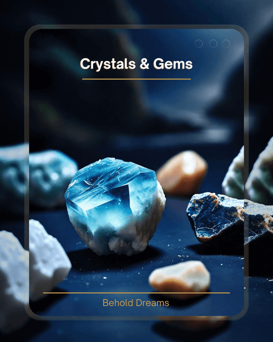 Collection of crystals and gems with a blue crystal in focus, set against a dark background. A guide to understanding the powers of crystals and gems and their relation with the dreams by Behold Dreams | Dobri Ase dream interpreter.